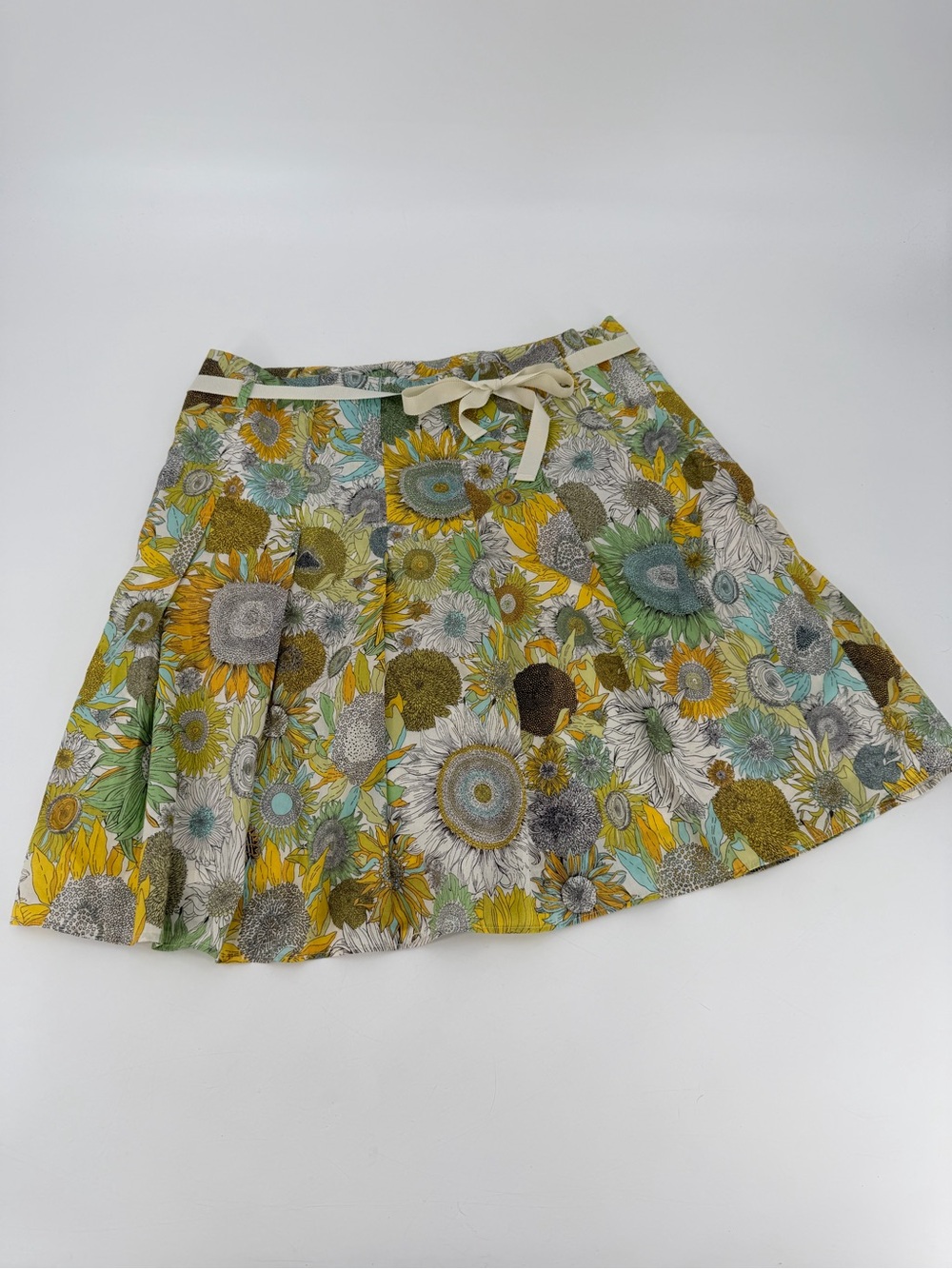 Vintage Floral Sunflower Print Skirt in Yellow, Green, Aqua, Brown